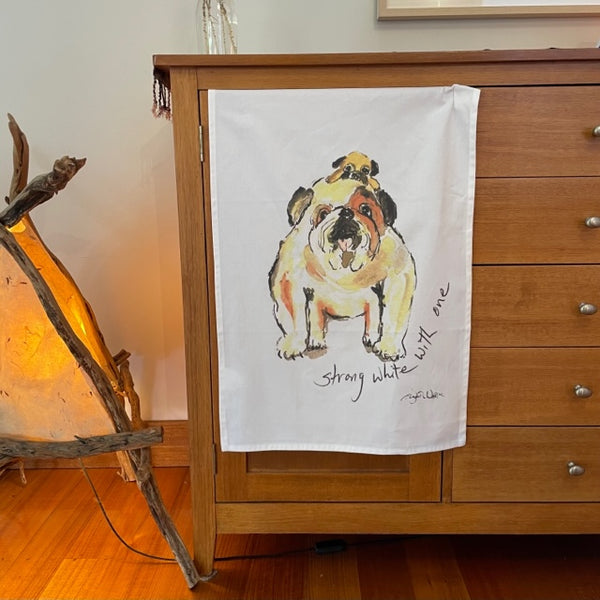 TEA TOWEL - Strong White With One. Coffee Dogs Collection